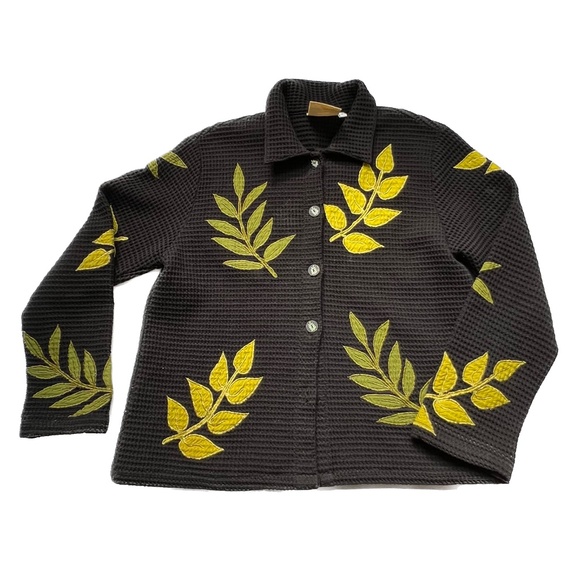 Asian Creations Jacket Floral Appliqued Leaves Vintage Black Green 100% Cotton S - Picture 2 of 7